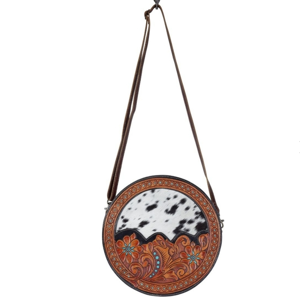 NWT Myra Bag Round Leather Hairon Cowhide Tooled Crossbody Shoulder Bag - Picture 6 of 13